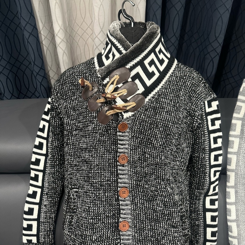 Men's Black and White Geometric Cardigan